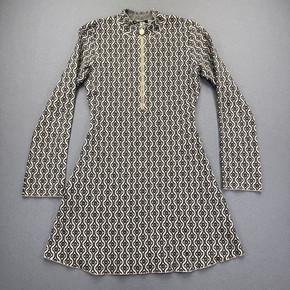 Maje MFPRO02667 Ecru Noir‎ Geometric Jacquard Half Zip Knit Dress Size 40 US L